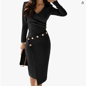 Long Sleeve V-Neck Slit Asymmetric Button Detail Ruched Dress, Medium